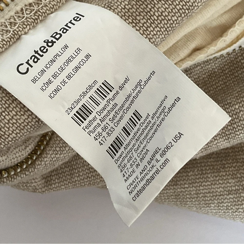 Crate and  Barrel Belgin Icon Pillow Cover 23” x 23”.